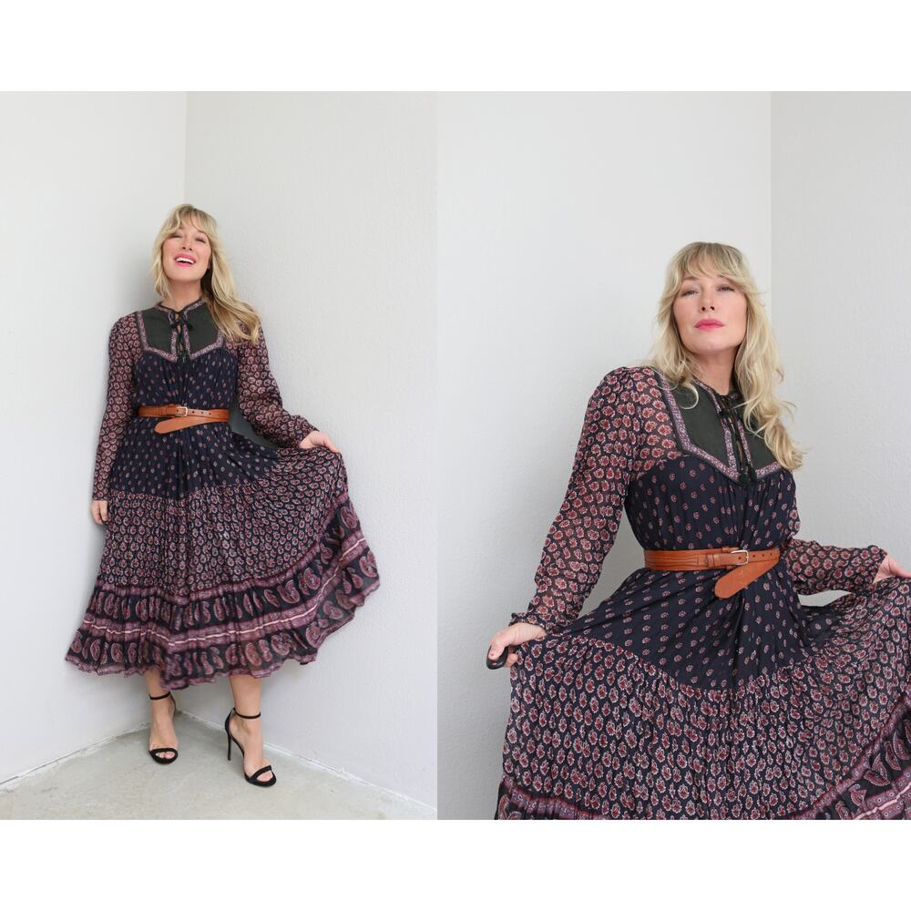 1970s Vintage Indian Gauze Lightweight Paisley Folk Summer Dress Womens XS SM MD